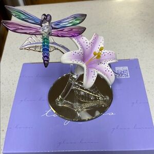 Purple and Pink Glass Art Dragonfly and Flower Sculpture